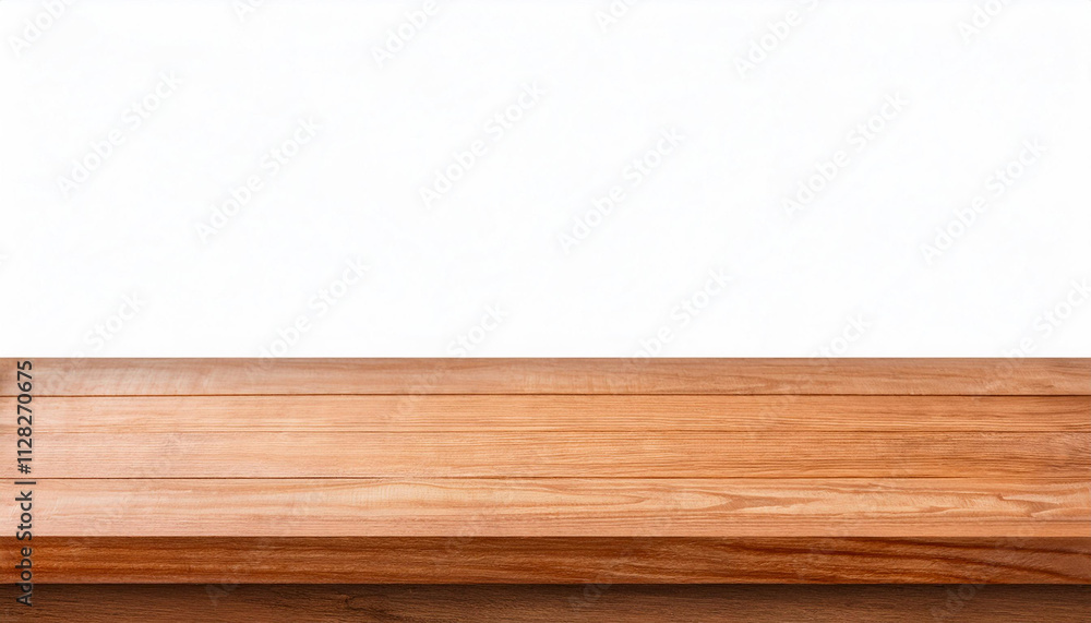 Poster empty wooden tabletop isolated on white background. for your product placement or montage with focus