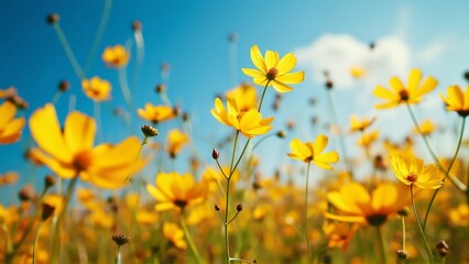 Fototapeta premium Serene Yellow Cosmos Field, Vibrant Blooms Under a Sunny Blue Sky - Tranquil Nature Photography
