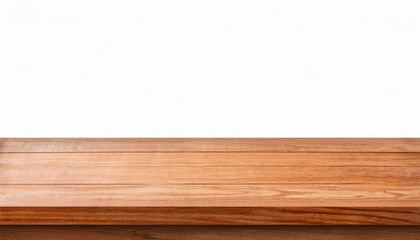 Fototapeta premium Empty wooden tabletop isolated on white background. For your product placement or montage with focus to the table top in the foreground. Empty rustic wooden shelf. Object with clipping path