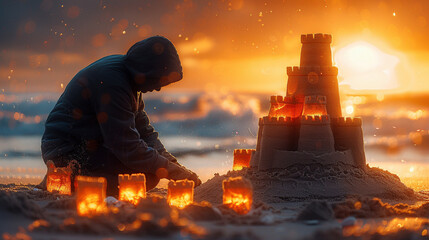 Joyful Sandcastle Creation by the Seashore