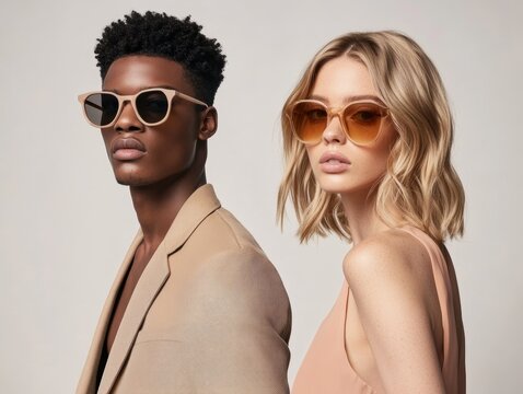 Elegant male and female models pose confidently in fashionable sunglasses, showcasing modern style and chic beige attire.