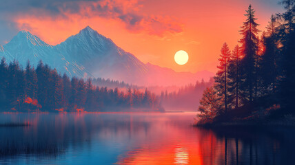 Serene Sunset over Mountain Lake. A breathtaking digital painting of a serene lake at sunset.