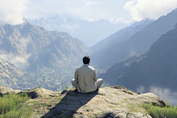 Fototapeta premium A man sits in meditation on a cliff, overlooking breathtaking mountain valleys under a clear blue sky.