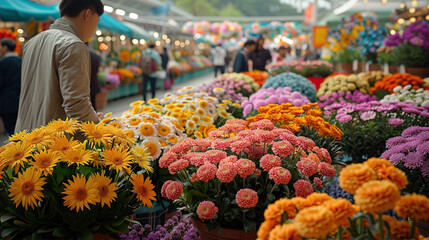 Man Observing Vibrant Flower Arrangements at Festival