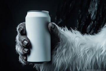 A mysterious furry hand gripping a blank aluminum can, suggesting a fantasy or mythical creature theme in a dark setting.