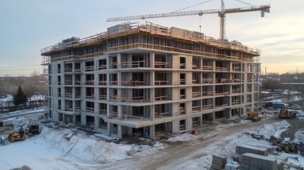 Fototapeta premium Unfinished construction site with concrete building and crane