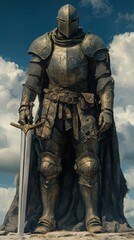 Fototapeta premium Armored knight standing in a dramatic cloudy sky background
