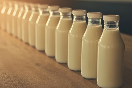 row of glass milk bottles with cream tops neatly arranged on rustic wooden counter