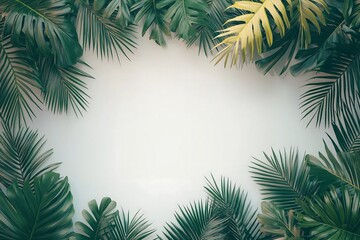 Lush Tropical Green Leaves Frame on White Background, Summer Botanical Border