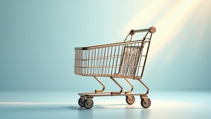 Stylized Minimalist Vector Illustration, Empty Rose Gold Shopping Cart on Pastel Blue Background