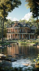 Obraz premium Luxurious villa surrounded by lush greenery and sunlight