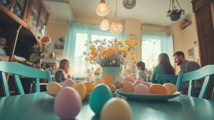 A family gathered around a table decorated with pastel-colored Easter eggs, sharing a festive meal in a bright, cozy dining room. Ai generated