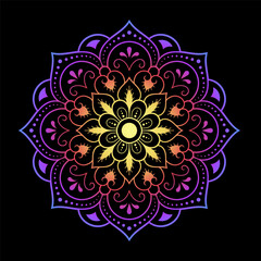 Color circular pattern in form of mandala with flower for decoration or print. Decorative ornament in ethnic oriental style. Rainbow design on black background.