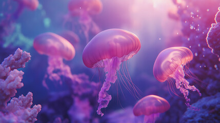 Fototapeta premium Pink Jellyfish Underwater Scene Ocean Life, Coral Reef, Aquatic. Generative Ai.