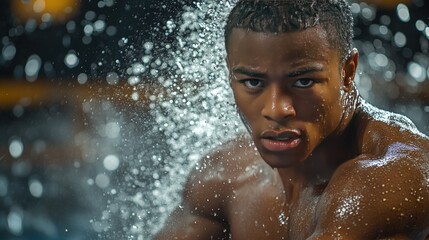 Muscular man showering, intense gaze, water droplets.