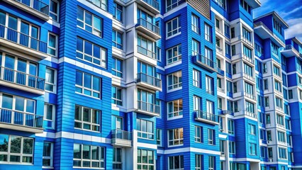 Fototapeta premium Modern architecture's urban beauty: a blue and white building with abundant windows, perfect for real estate.