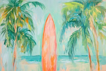 Surfbrett zwischen Palmen und Meer
