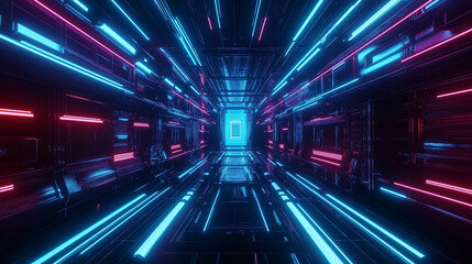 Futuristic Neon Tunnel Cyberpunk SciFi Corridor Lightspeed Blue Pink. Generative Ai.