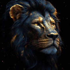 Naklejka premium Majestic dark blue and gold lion portrait.