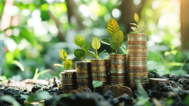 Green leaves growing out from stack of coins. Wealth growing concept. Money growing on increasing coin stacks symbolizing sustainable investment.