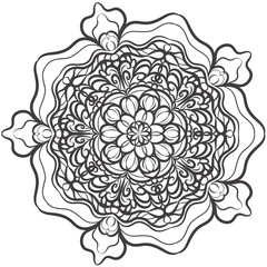 Ornate Floral Mandala with Flowing and Symmetrical Patterns in Black and White Line Art