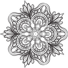 Elegant Floral Mandala with Flowing Patterns in Black and White Line Art