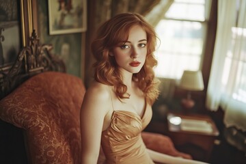 Fototapeta premium A red-haired woman in a satin gown sits on an ornate couch, capturing a timeless and elegant vintage atmosphere.