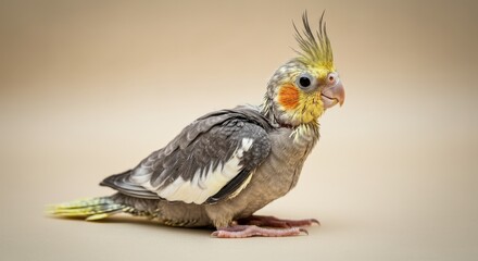 Young cockatiel with vibrant plumage on neutral background for pet care and ornithology decor