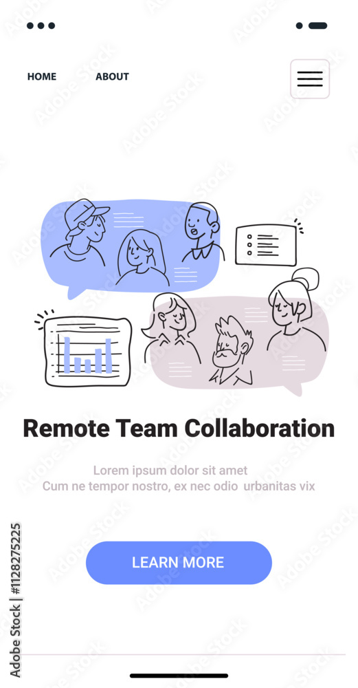 Poster remote team collaboration concept with people discussing charts and notes in a minimalist doodle sty