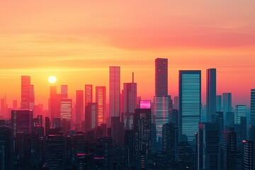 digital transformation business modernization City skyline at sunset with vibrant colors and modern architecture.