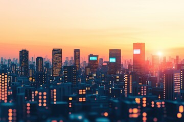 Fototapeta premium digital transformation business modernization Vibrant city skyline at sunset with illuminated buildings and warm glowing lights.