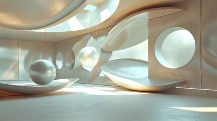 abstract art, a 3D rendering of abstract forms and shapes suspended in space, exploring depth