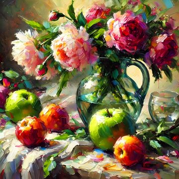 A vivid still-life composition featuring colorful peonies, fresh apples, a glass vase, and dramatic lighting, evoking timeless elegance.