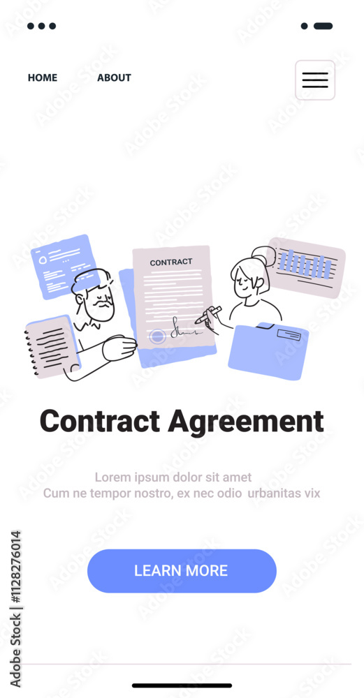 Poster contract agreement concept with people signing documents charts and folders in minimalist hand drawn
