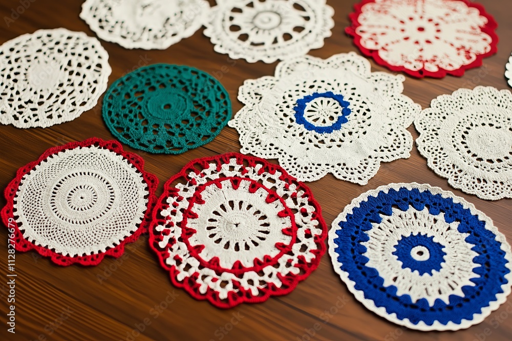 Aufkleber a collection of vintage doilies in varying patterns arranged on a wooden surface