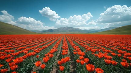 Vibrant red tulips blooming in a vast field under a blue sky with fluffy clouds and mountains in the background.