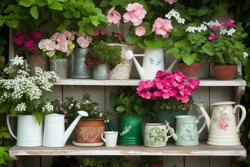 Obraz premium A collection of vintage watering cans arranged on a shabby chic garden shelf