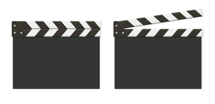 無柄の黒い閉じたカチンコと開いたカチンコのセット