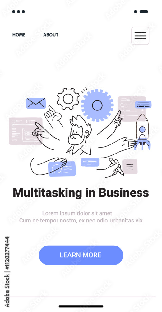 Poster multitasking in business concept features a person juggling tasks with gears envelopes and a rocket 