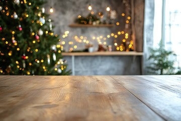 Festive kitchen backdrop with empty wooden table in foreground, Christmas tree and twinkling lights creating a warm, cozy atmosphere for holiday cooking and gatherings