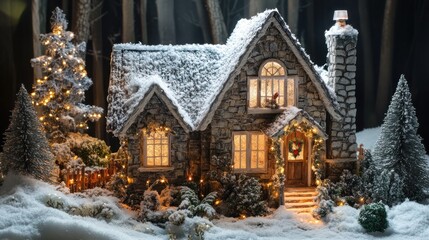 Small winter cottage with icicles, holiday lights, snow-covered forest backdrop 