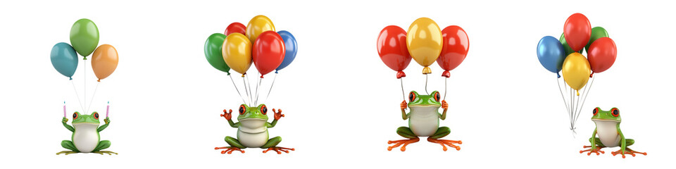 Obraz premium Frogs holding colorful balloons in festive celebration scene, isolated on transparent background.