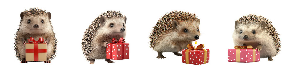 Obraz premium Cute hedgehogs with birthday presents, celebrating joyfully together, isolated on transparent background.