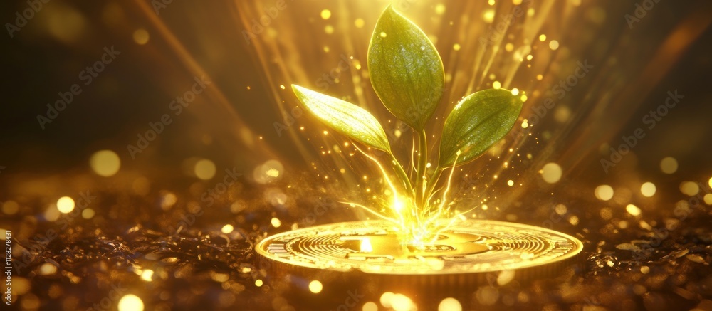 Poster golden coin with a sprout growing from it, surrounded by glowing particles.