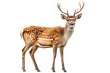 Fototapeta premium A majestic deer standing tall in a natural pose with its impressive antlers, showcasing its beautiful fur against a white isolated background.