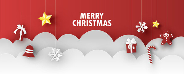 Merry Christmas text decorated with gift box, star, gingerbread, candy cane and snowflake on cloud background. Merry Christmas. paper cut and craft style. vector, illustration.