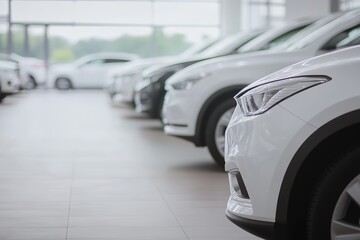 clean and bright car showroom with line of premium rental vehicles displayed under soft lighting