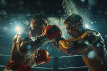 Intense Boxing Match: Two Powerful Fighters Clashing in the Ring, Sweat and Dust Flying, Dramatic Lighting and Action