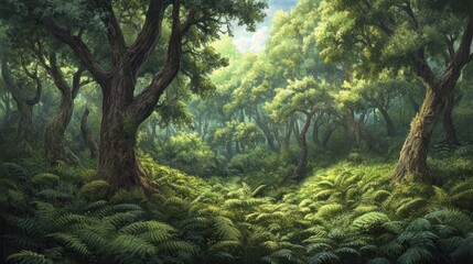 Old-growth forest with dense underbrush, ancient trees, rich green ferns covering the ground