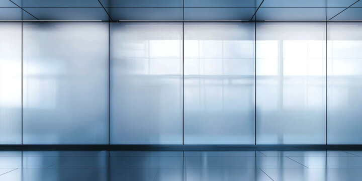 Minimalistic modern interior with reflective glass panels and smooth metallic surfaces. The blue-tinted walls and floor create a clean, futuristic ambiance with soft lighting and geometric lines. - Powered by Adobe